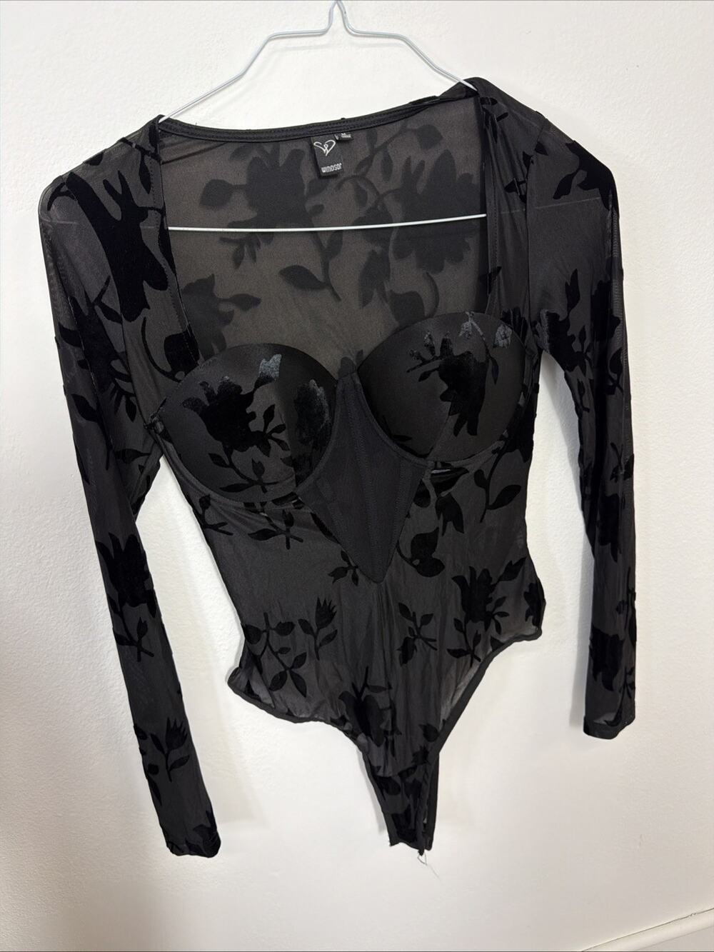 Windsor Women's Black Sheer Lace Long Sleeve Underwired Bodysuit Teddy M